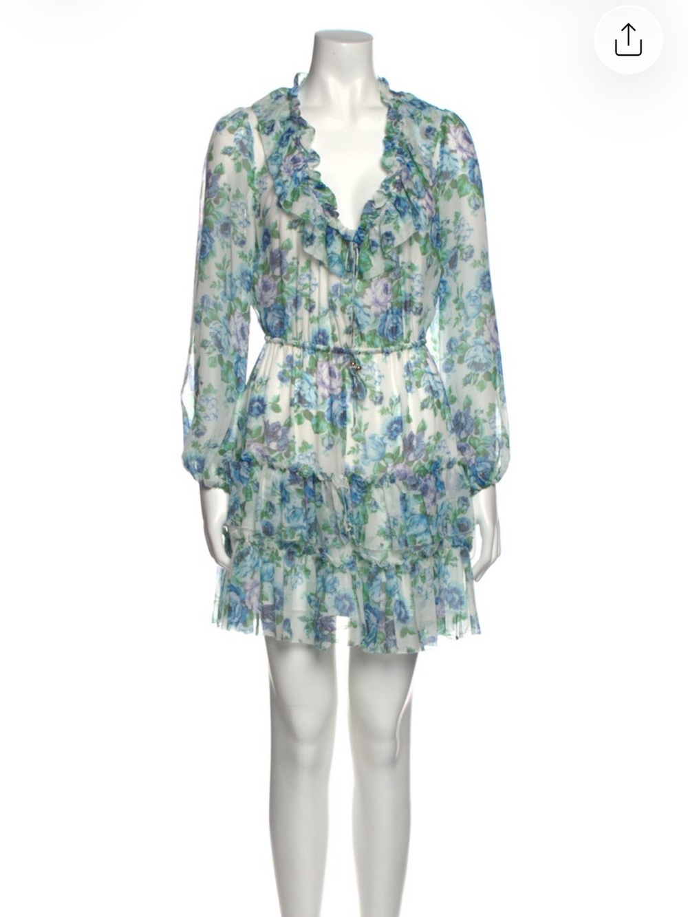 Zimmermann White Floral Ruffle Dress with Blue & Green Print